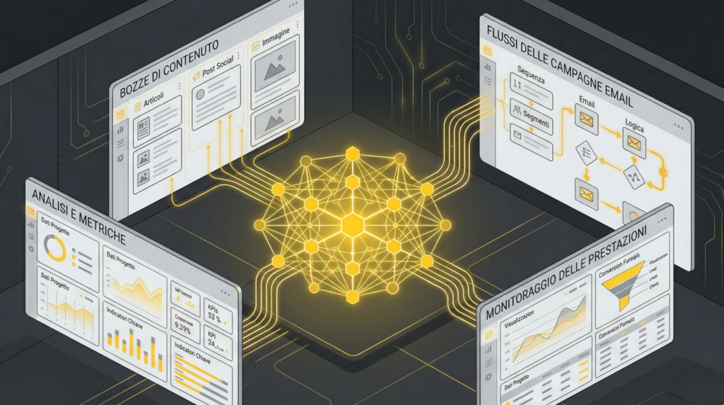 Intelligenza artificiale nel marketing digitale 2026 — infrastruttura operativa con dashboard dati e automazione